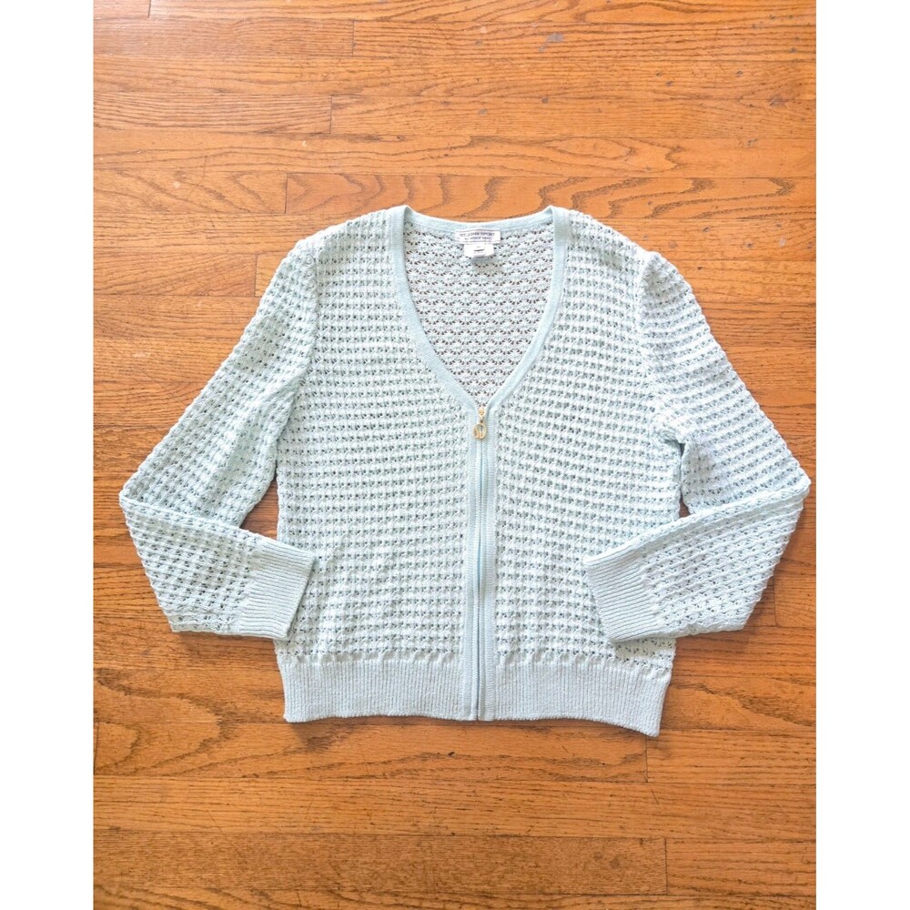 Vtg St John Sport Marie Gray Zip Up Cardigan Sweater Mint Green Wool Blend